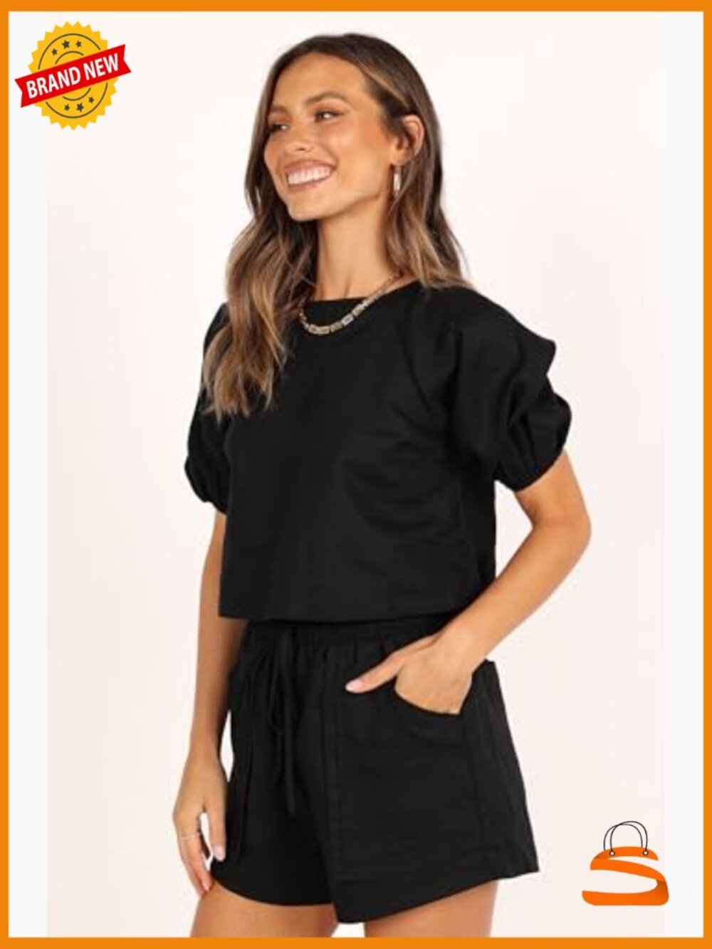 Cropped Linen Set, Short Sleeve Top & Shorts, Drawstring Waist - Picture 4 of 6